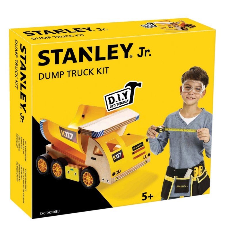 Bygga - Bygg din egen STANLEY jr dumper, en prenumeration för barn på kreativa leksaker, spika, skruva och klistra ihop olika mästerverk med de medföljande figurssågade trädelarna. Anpassade verktyg för barn ingår.