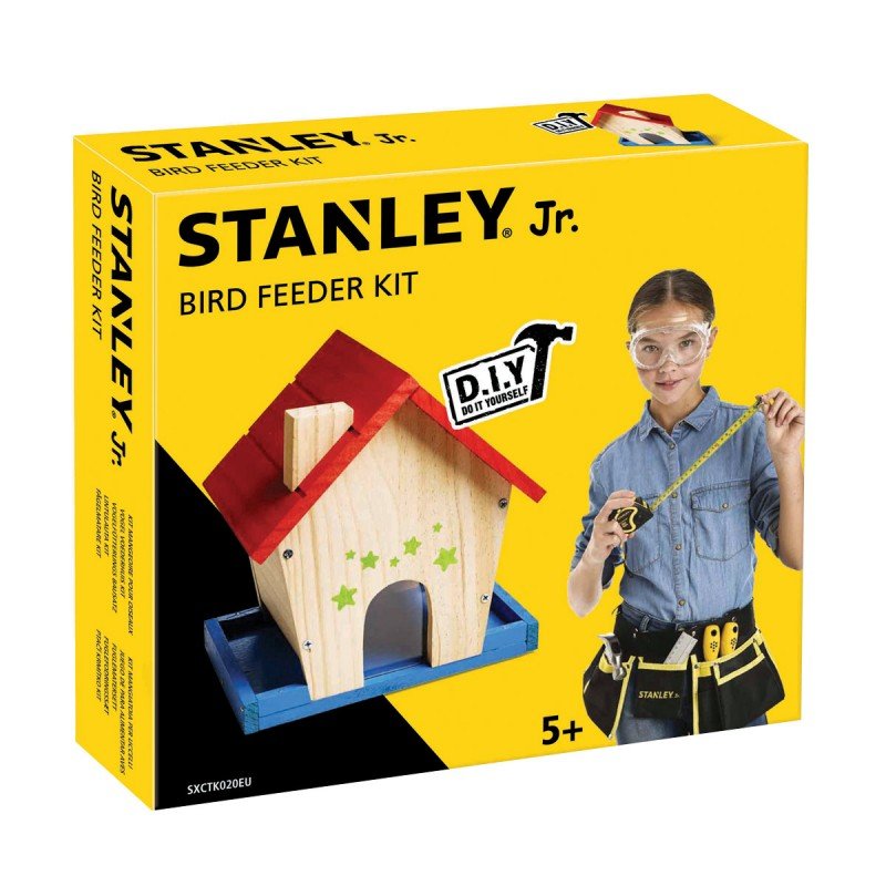 Bygga - Bygg din egen STANLEY jr fågelmatare, en prenumeration för barn på kreativa leksaker, spika, skruva och klistra ihop olika mästerverk med de medföljande figurssågade trädelarna. Anpassade verktyg för barn ingår.