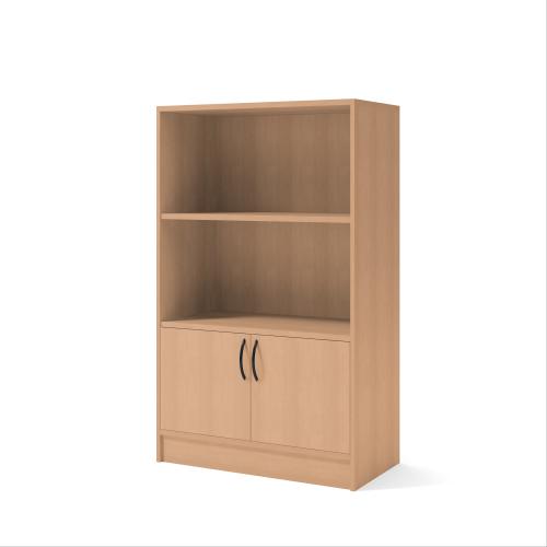 Skåp med slagdörrar och två öppna hyllplan