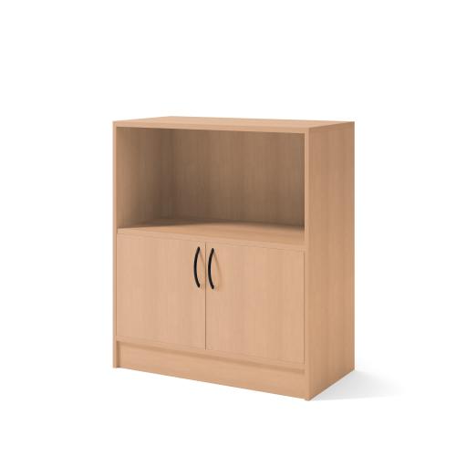 Skåp i boklaminat, slagdörrar och öppet hyllplan