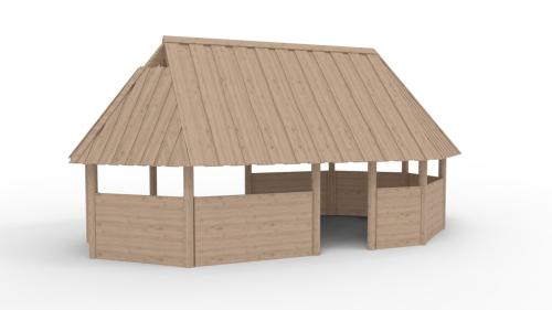 LÅNGHUS MED VÄGGAR I ROBINIA OCH KÄRNFURU 8X4,5M