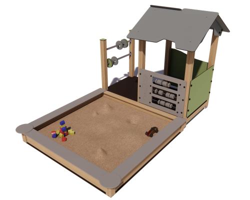 Lekhus med aktivitetspaneler och sandlåda