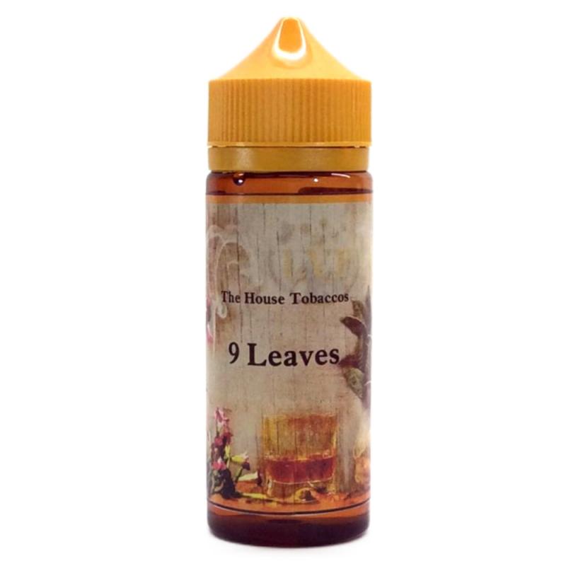 120ml brun flaska med orangegul kork, etiketterad with bilder på blommor och blad av tobaksplantan och ett glas whiskey, och text The House Tobaccos, flavour 9 Leaves