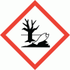 Varningssymbol för vattenföroreningar med röd ram och ett dött träd och en död fisk på ytan av vattnet.