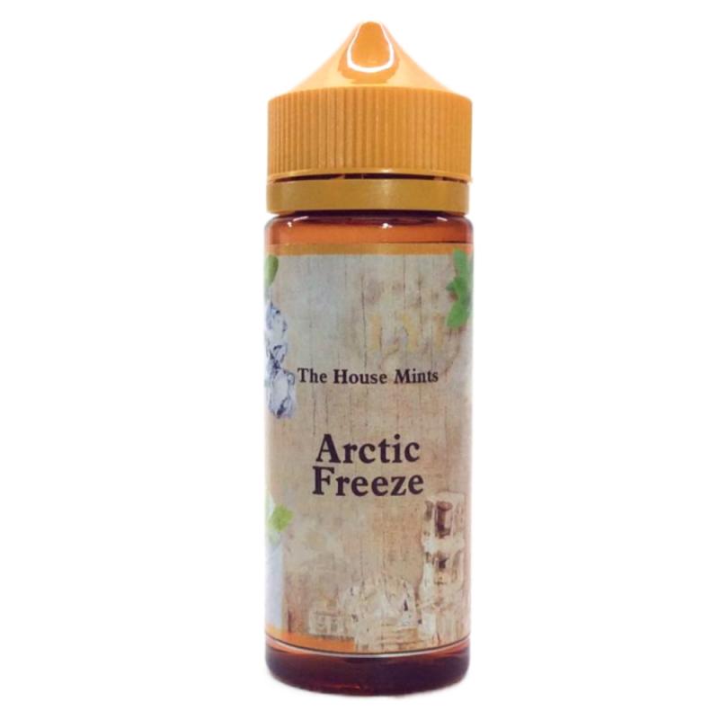 120ml brun flaska med orangegul kork, etiketterad with bilder på is och myntablad och text The House Mints, flavour Arctic Freeze