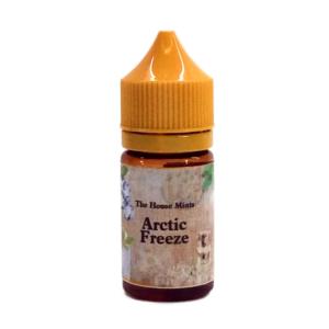 30ml brun flaska med orangegul kork, etiketterad with bilder på is och myntablad och text The House Mints, flavour Arctic Freeze