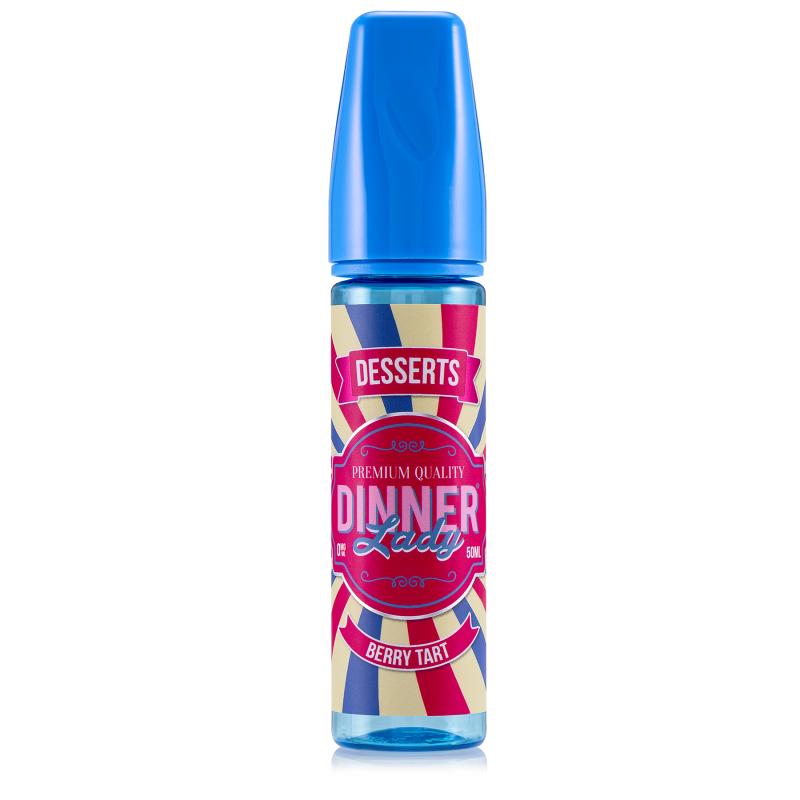 En blå 60ml ejuice flaska med rosa blå och vit randig etikett med rosa blå och vit text där det står Dinner lady desserts berry tart.