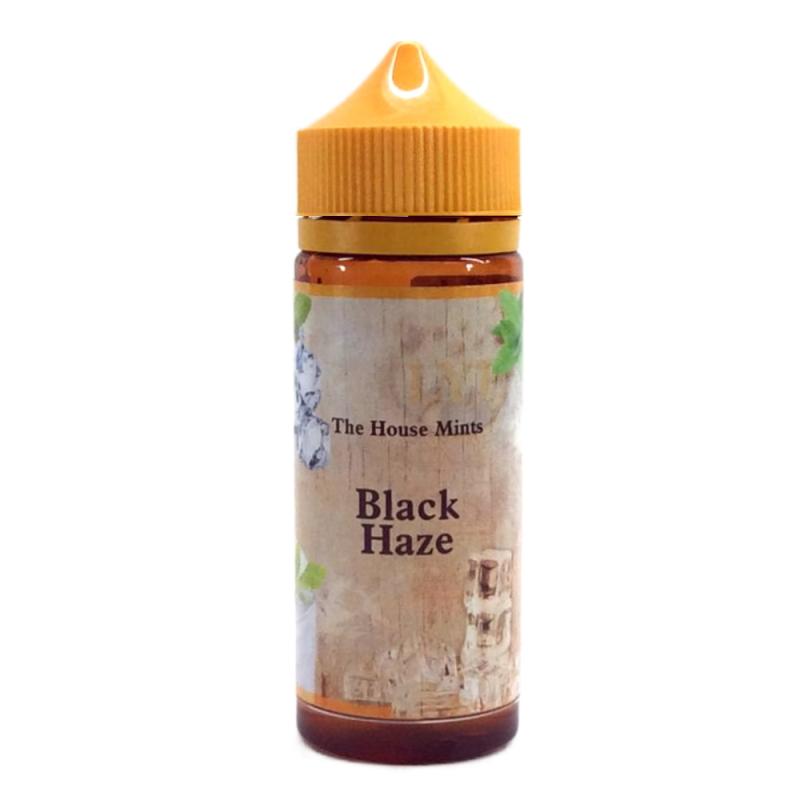 120ml brun flaska med orangegul kork, etiketterad with bilder på is och myntablad och text The House Mints, flavour Black Haze