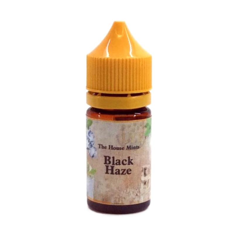 30ml brun flaska med orangegul kork, etiketterad with bilder på is och myntablad och text The House Mints, flavour Black Haze