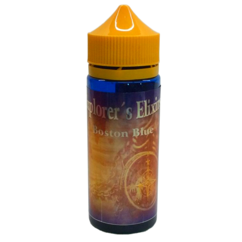 En gul och blå 120ml ejuice flaska med gul etikett med en kompass i bakgrunden med guldsilver text där det står Explorers elixir Boston blue.