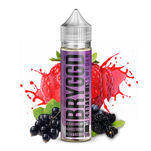 mörklila flaska med Bryggd e-juice smak Blackberry Harvestberry Strawberry
