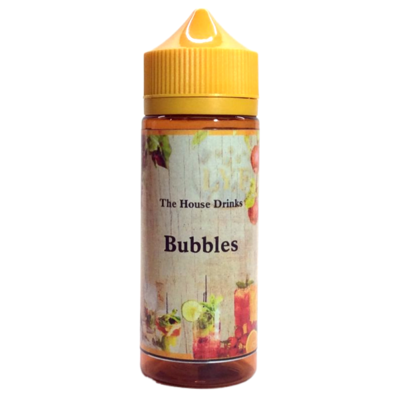 En brun 120ml ejuice flaska med gult lock och en beigebrun etikett med svart text där det står Bubbles med bilder på olika drinkar i bakgrunden.