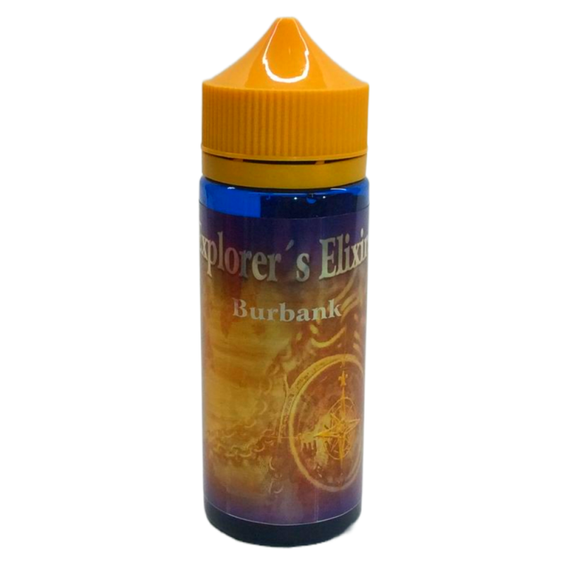 En gul och blå 120ml ejuice flaska med gul etikett med en kompass i bakgrunden med guldsilver text där det står Explorers elixir Burbank