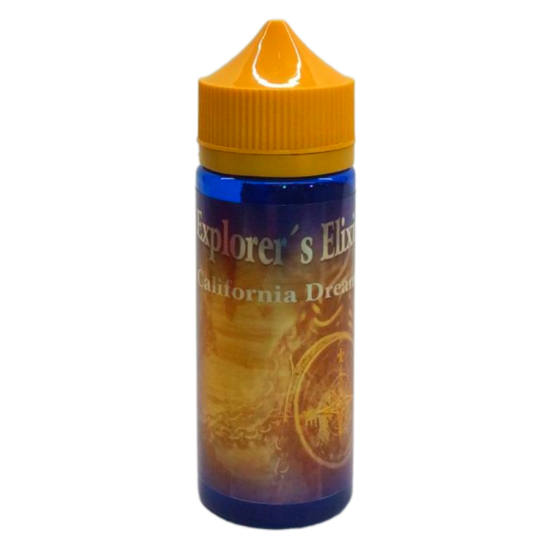 En gul och blå 120ml ejuice flaska med gul etikett med en kompass i bakgrunden med guldsilver text där det står Explorers elixir California dreamin.