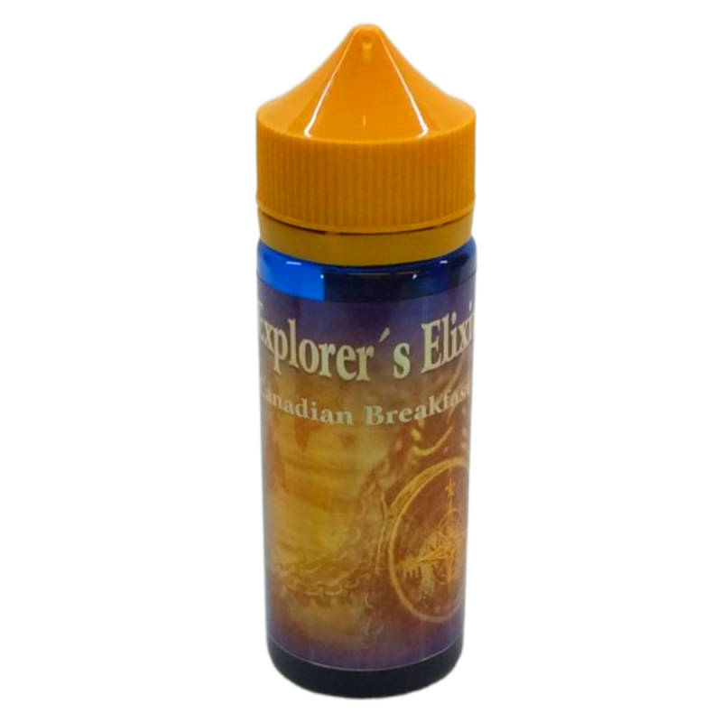 En gul och blå 120ml ejuice flaska med gul etikett med en kompass i bakgrunden med guldsilver text där det står Explorers elixir Canadian breakfast.