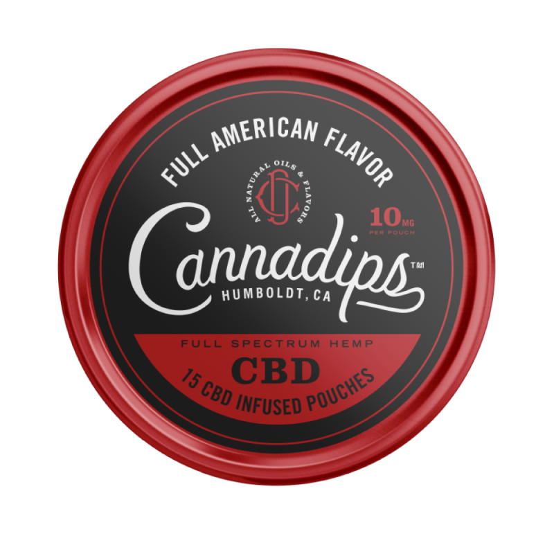 Svart och röd dosa med svart och vit text där det står cannadips full american flavor 10mg cbd infused pouches.