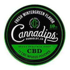 Svartgrön snusdosa med Cannadips fresh wintergreen flavor. 15st CBD portionspåsar med 10mg cbd.