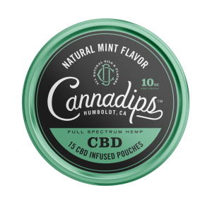 Svart och grön dosa med svart och vit text där det står cannadips natural mint flavor 10mg cbd infused pouches.