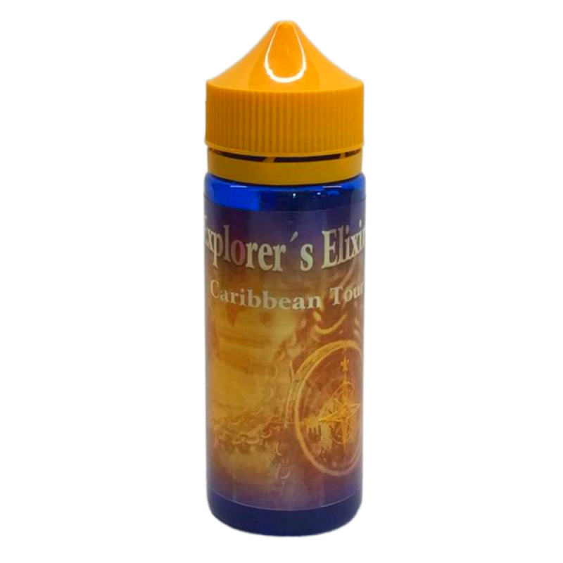 bEn gul och blå 120ml ejuice flaska med gul etikett med en kompass i bakgrunden med guldsilver text där det står Explorers elixir Caribbean tour.