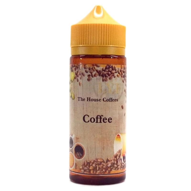 120ml brun ejuice flaska med orangegul kork, etiketterad with bilder på kaffe, kaffekoppar och kaffebönor och text The House Coffees, smak Coffee