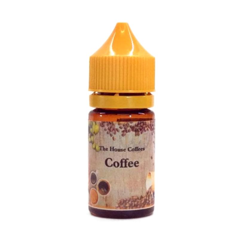 30ml brun ejuice flaska med orangegul kork, etiketterad with bilder på kaffe, kaffekoppar och kaffebönor och text The House Coffees, flavour Coffee
