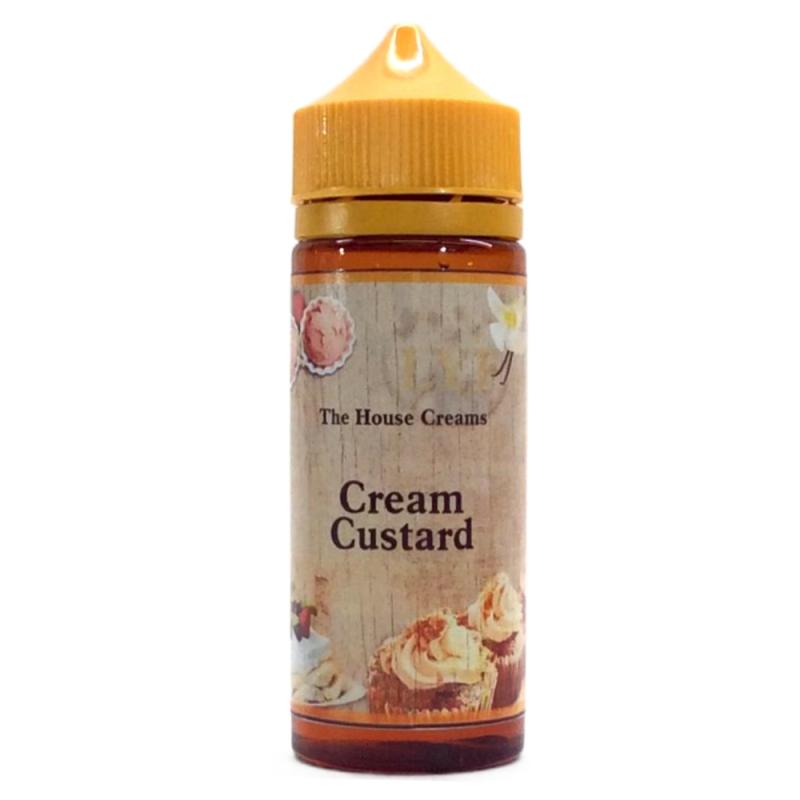 120ml brun ejuice flaska med orangegul kork, etiketterad with bilder på glaserade bakelser, en vaniljblomma och vaniljstänger och text The House Creams, flavour Cream Custard