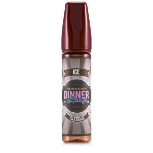 En brun 60ml ejuice flaska med brun randig etikett med rosa blå och vit text där det står Dinner lady ice cola shades.