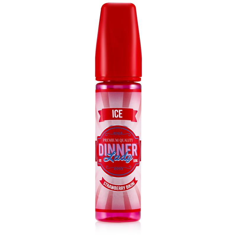 En röd 60ml ejuice flaska med röd etikett med rosa blå och vit text där det står Dinner lady ice strawberry bikini.