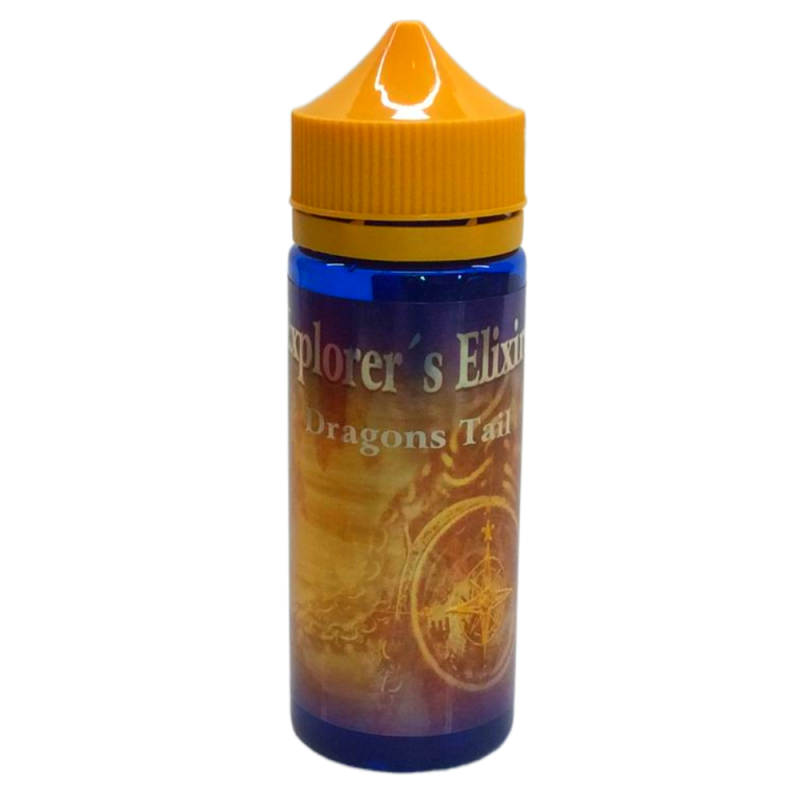 En gul och blå 120ml ejuice flaska med gul etikett med en kompass i bakgrunden med guldsilver text där det står Explorers elixir Dragons tail