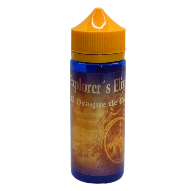 En gul och blå 120ml ejuice flaska med gul etikett med en kompass i bakgrunden med guldsilver text där det står Explorers elixir El draque.