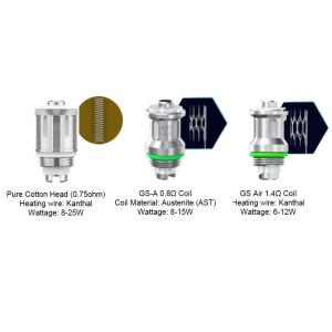 Tre stycken silvriga cylindriska eleaf gs air coils med 0,75ohm, 0,8ohm, och 1,4ohm.