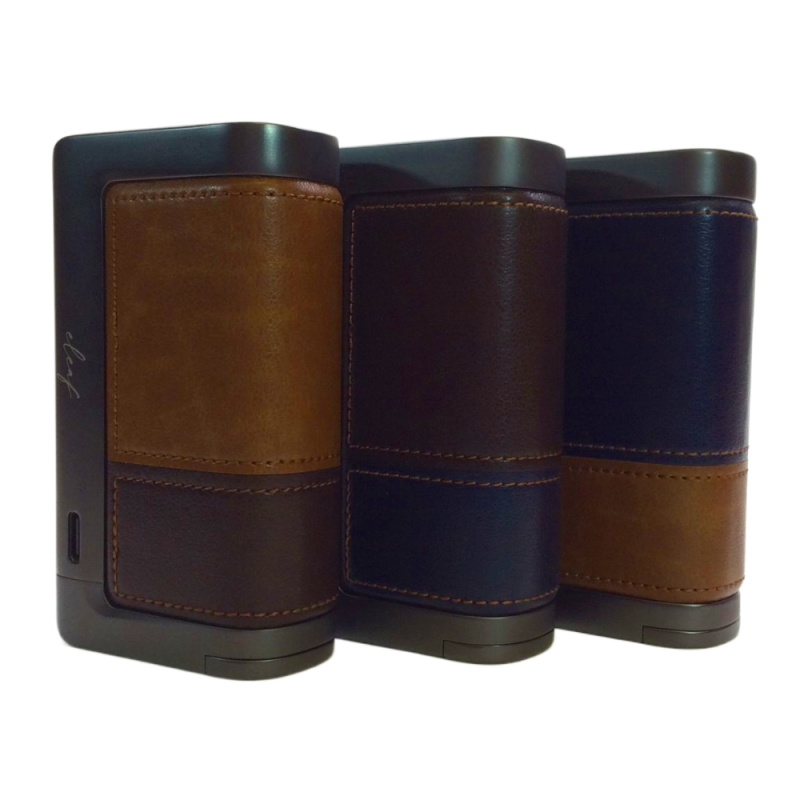 Tre stycken rektangulära Eleaf istick power2c mods med lädermaterial på i färgerna ljusbrun/mörkbrun, mörkbrun/mörkblå, Mörkblå/ljusbrun.
