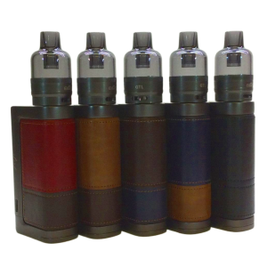 Fem stycken rektangulära Eleaf istick power2c vape kit med cylindriska gtl pod tanks på med lädermaterial på i färgerna ljusbrun/mörkbrun, mörkbrun/mörkblå, Mörkblå/ljusbrun, Mörkbrun och röd/mörkbrun.