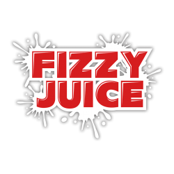 Visar typsnittet och loggan av texten Fizzy Juice i röd text med vita kanter runtom, man har också ett splashformat gråaktigt mönster runtom.