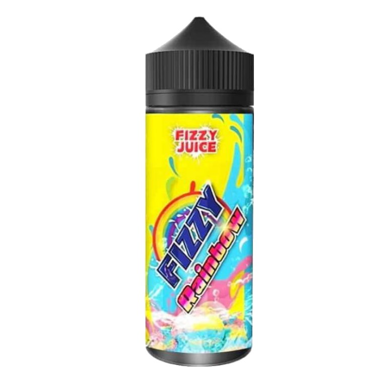 En svart 120ml ejuice flaska med blå och gul etikett med röd blå och rosa text där det står Fizzy juice Fizzy rainbow med bilder på glass i olika färger samt en regnbåge i bakgrunden.