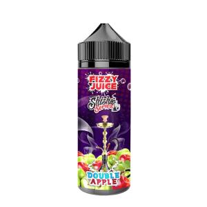 En svart och lila cylindrisk 120ml ejuice flaska med text i olika färger där det står fizzy juice shisha series double apple med en bild på en vattenpipa och massa röda och gröna äpplen nedanför.