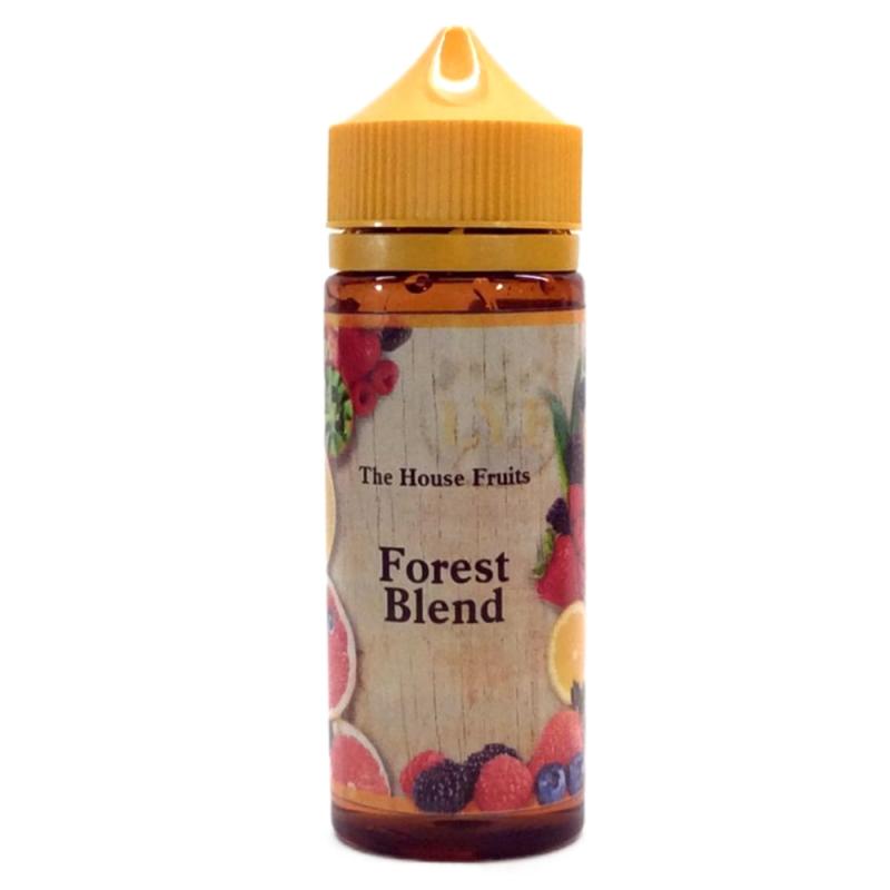120ml brun flaska med orangegul kork, etiketterad with bilder på frukter och bär och text The House Fruits, flavour Forest Blend