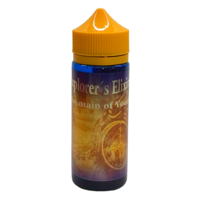 En gul och blå 120ml ejuice flaska med gul etikett med en kompass i bakgrunden med guldsilver text där det står Explorers elixir fountain of youth.