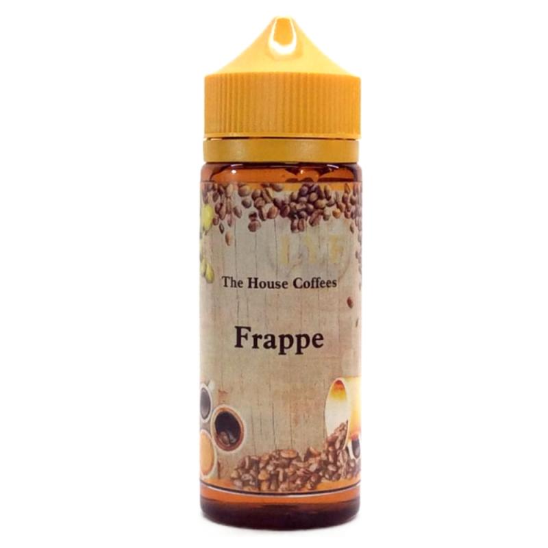 120ml brun ejuice flaska med orangegul kork, etiketterad with bilder på kaffe, kaffekoppar och kaffebönor och text The House Coffees, smak Frappe