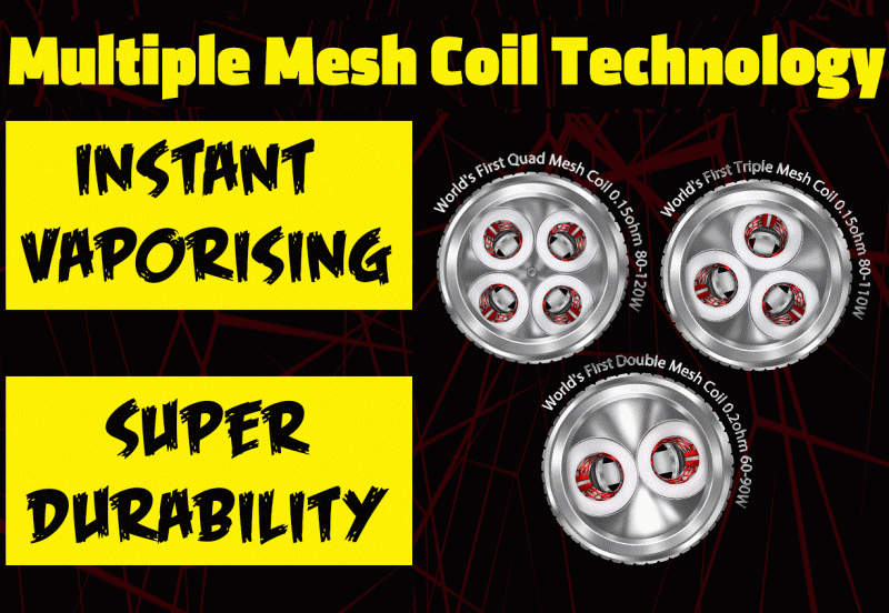 Det är tre olika coil mesh, den upp till vänster är en quad mesh coil 0.15ohm 80-120W, den upp till höger är en triple mesh coil 0.15ohm 80-110W och den under är en double mesh coil 0.2ohm 60-90W.