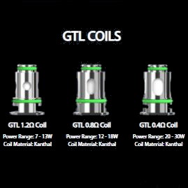 Tre stycken silvriga cylindriska Gtl coils med gröna ringar på med ohm styrkorna 1,2ohm, 0,8ohm och 0,4ohm.