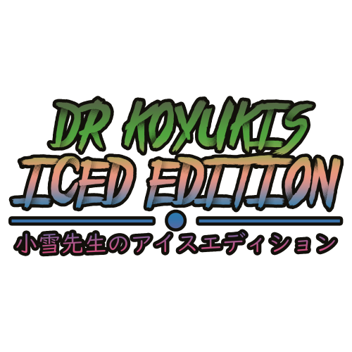 En logo för DR koyoki med grön och rödblå text där det står Dr koyokis iced edition med lila text med japanska bokstäver.