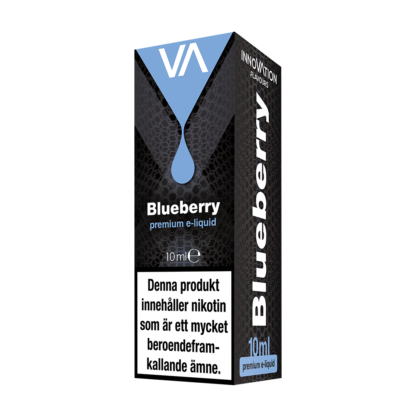 En svart och blå rektangulär förpackning med vit text där det står innovation blueberry 10ml.