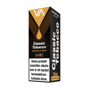 En svart och brun rektangulär förpackning med vit text där det står innovation classic tobacco 10ml.