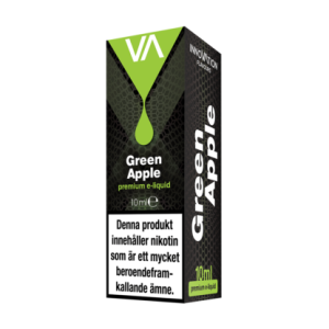 Svart och grön rektangulär förpackning med vit text där det står innovation green apple 10ml.