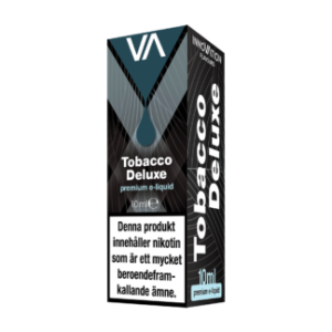 Svart och grå rektangulär förpackning med vit text där det stå innovation tobacco deluxe 10ml.