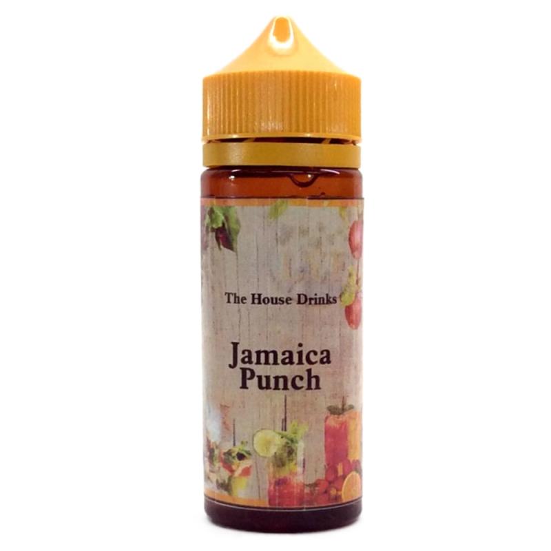120ml brun ejuice flaska med orangegul kork, etiketterad with bilder på svalkande drycker, bär och en vinranka och text The House Drinks, flavour Jamaica Punch