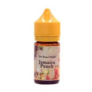30ml brun ejuice flaska med orangegul kork, etiketterad with bilder på svalkande drycker, bär och en vinranka och text The House Drinks, flavour Jamaica Punch