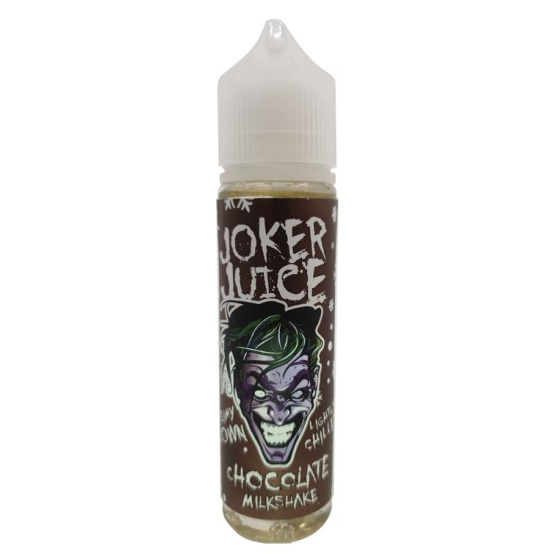 vit plastflaska med svart etikett och bild på en Joker, och text 'Joker Juice' och 'Chocolate Milkshake'