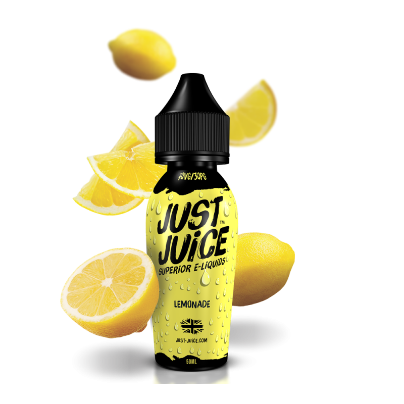 svart plastflaska med gul etikett , och text 'Just Juice' och 'Lemonade'
